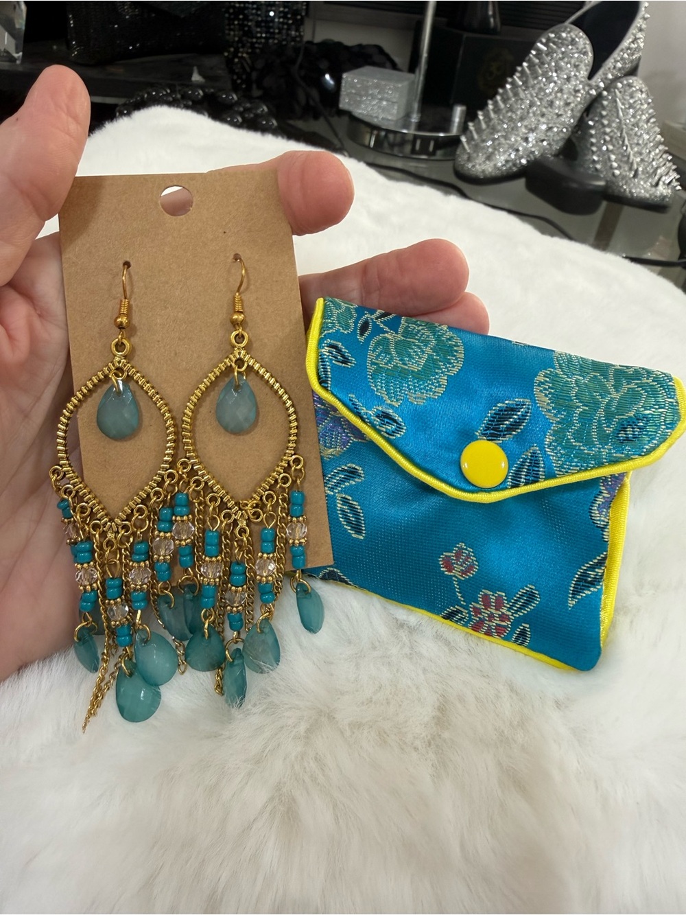 Free People Gold-Tone Chandelier Earrings with Teal Beads